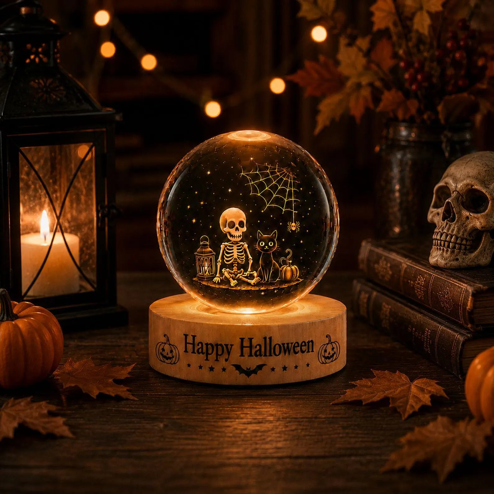 Halloween Crystal Ball LED Night Light, Spooky Skeleton Cat Decor Lamp, Festive Fall Home Decoration Gift for Halloween. LEDPETAL26