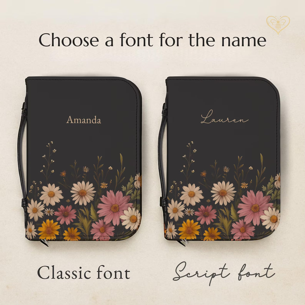 Personalized Floral Bible Cover with Handle, Daisy Zippered Bible Case Custom Name Christian Gift for Women Girls Flower Bible Bag for Mom. BCPETAL2