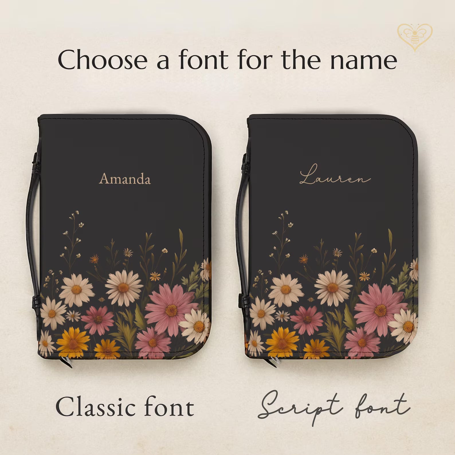 Personalized Floral Bible Cover with Handle, Daisy Zippered Bible Case Custom Name Christian Gift for Women Girls Flower Bible Bag for Mom. BCPETAL2