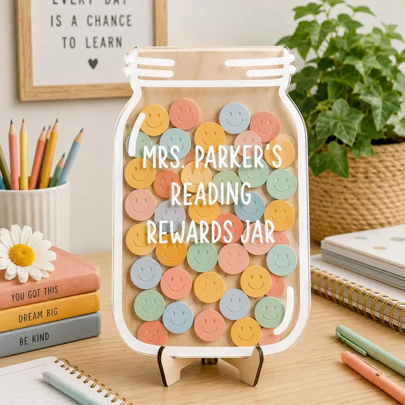 Personalized Teacher Reward Jar, Custom Classroom Incentive Token Board, Pastel Smiley Face Reward System, Back to School Teacher Gift Hook. RJPETAL07