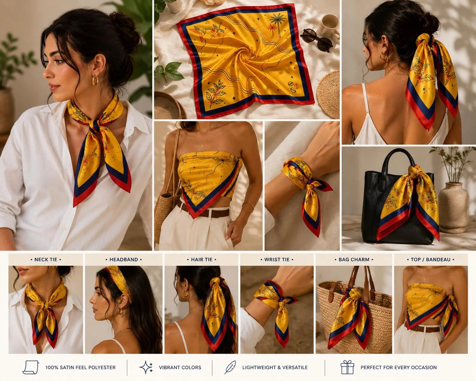 Colombia Satin Scarf 90x90cm | Colombian Heritage Head Scarf | Neck Scarf, Hair Scarf & Bag Accessory Gift. SSPETAL19