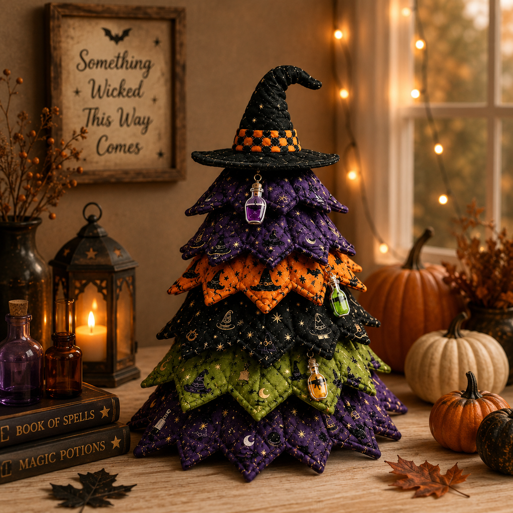 Halloween Witch Hat Quilted Fabric Tree Tabletop Decoration, Handmade Layered Pumpkin & Potion Bottle Fall Decor QCTPETAL02