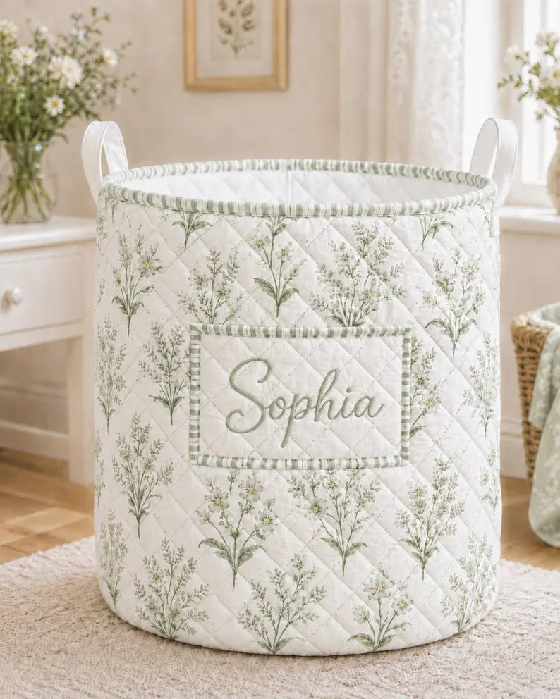 Personalized Floral Laundry Basket, Custom Name Quilted Storage Bin, Pastel Flower Nursery Hamper, Clothes Basket. LBPETAL142