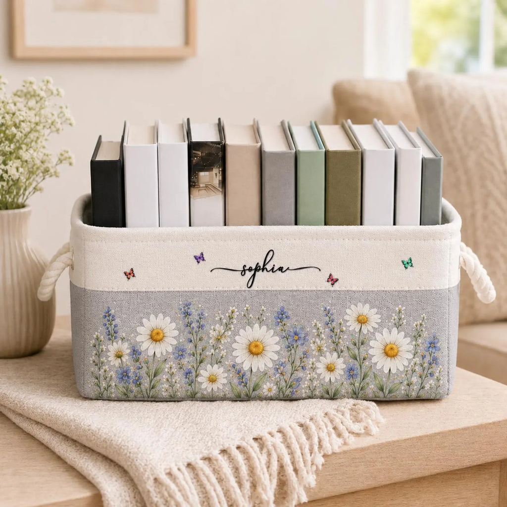 Personalized Birth Month Flower Book Basket, Custom Birth Flower & Name Storage Basket For Her, Wife, Daughter, Coworker, Book Lover Gift. BBPETAL3