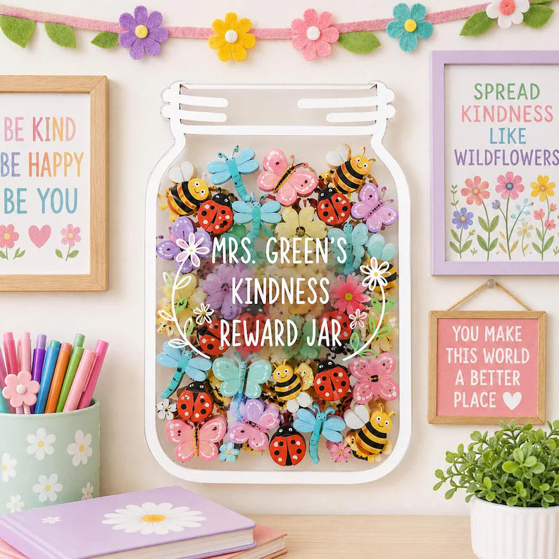 Personalized Kindness Reward Jar, Wooden Garden Theme Classroom Incentive, Custom Insect Token Board for Kids, Back to School Gift. RJPETAL02