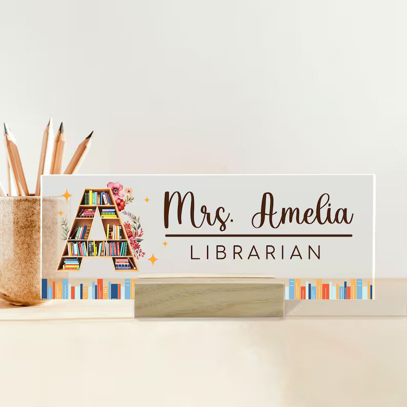 Custom Teacher Desk Name Plate, Teacher Acrylic Block, Teacher Appreciation Gift, Back to School, Book Lover Gift, Librarian Name Sign Gift. DNPETAL09