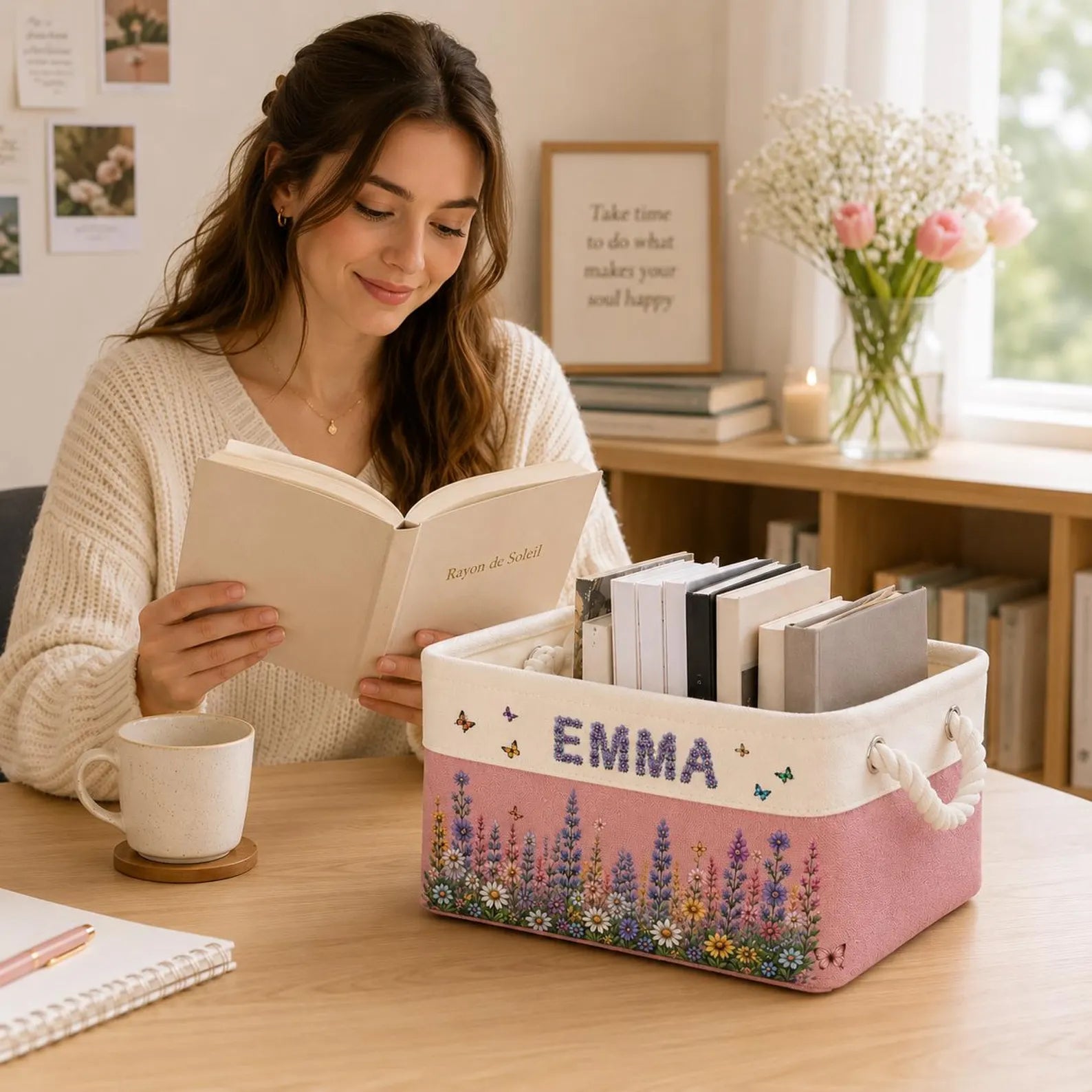 Personalized Birth Month Flower Book Storage Basket, Custom Name Book Holder, Book Lover Gift for Her, Reading Gift, Birthday Gift. BBPETAL4