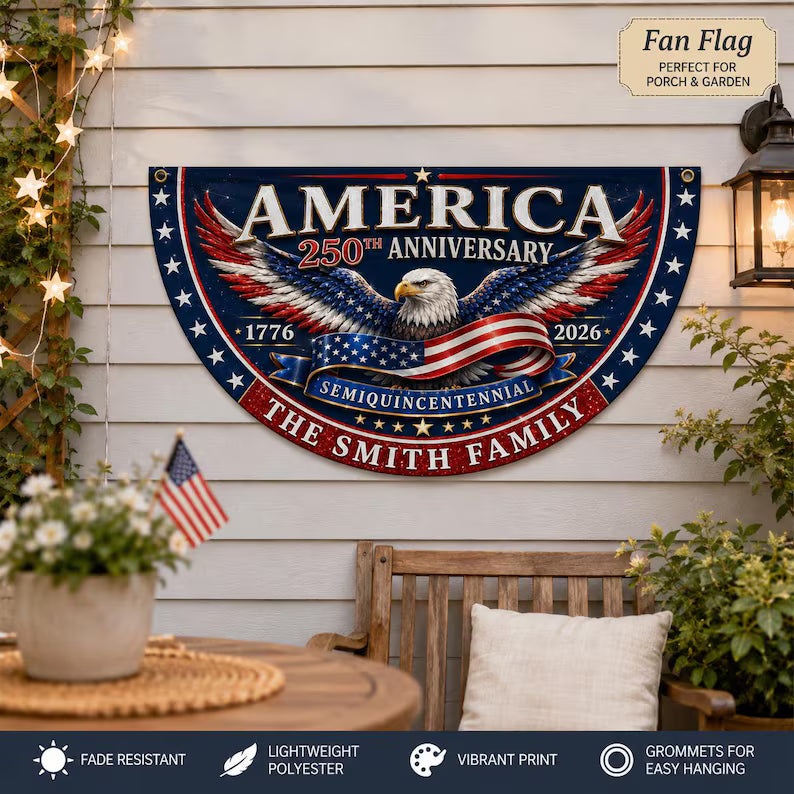 Custom Family Name America 250th Anniversary Fan Flag, 1776-2026 Semiquincentennial Patriotic Eagle Bunting, USA Outdoor Fence Decor. BPETAL10