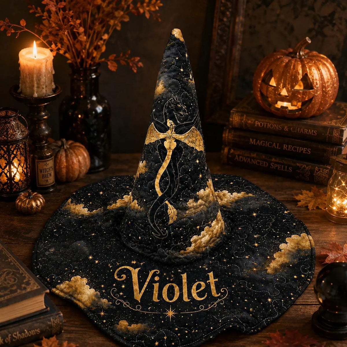 Personalized Witch Hat, Custom Name Halloween Hat, Quilted Wide Brim Witch Costume, Black Gothic Wizard Hat, Adult Halloween Accessory. QWHPETAL24