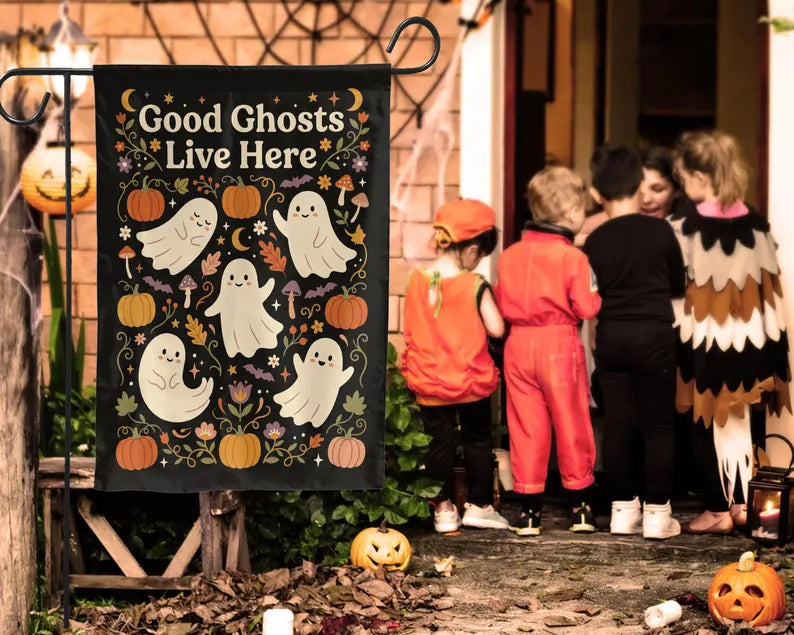 Outdoor Halloween Decorations, Garden Flag Made In Usa, Cute Ghost Pumpkin Decor, Halloween Decoration, Front Porch Decor, Housewarming Gift. HLWGFPETAL15