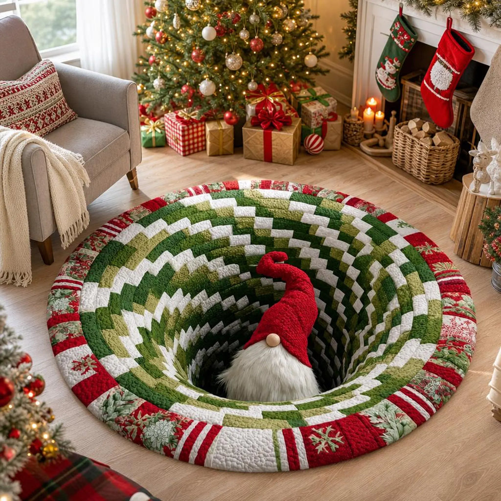 Christmas Gnome Vortex 3D Round Rug, Quilt Patchwork Optical Illusion Floor Mat, Non Slip Area Rug for Xmas Home Decor, Christmas Gift. QRPETAL07