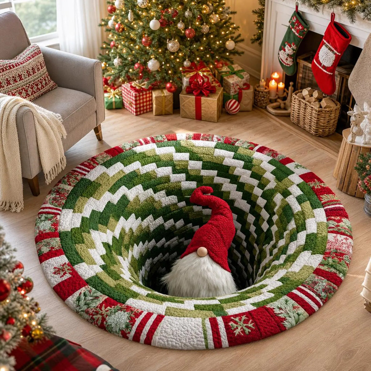 Christmas Gnome Vortex 3D Round Rug, Quilt Patchwork Optical Illusion Floor Mat, Non Slip Area Rug for Xmas Home Decor, Christmas Gift. QRPETAL07