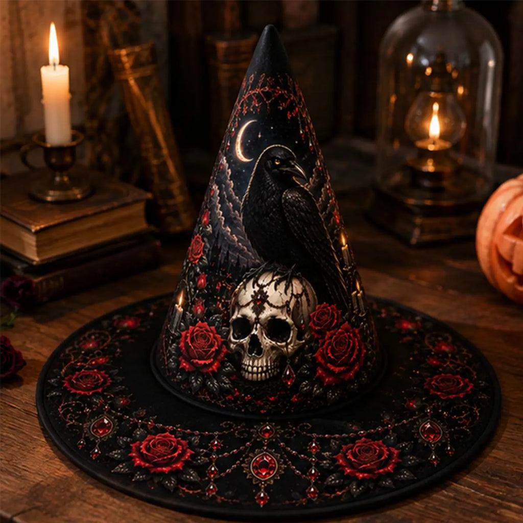 Halloween Quilted Witch Hat Gothic Raven Black Raven Skul Dark Rose Cosplay Hat. QWHPETAL23
