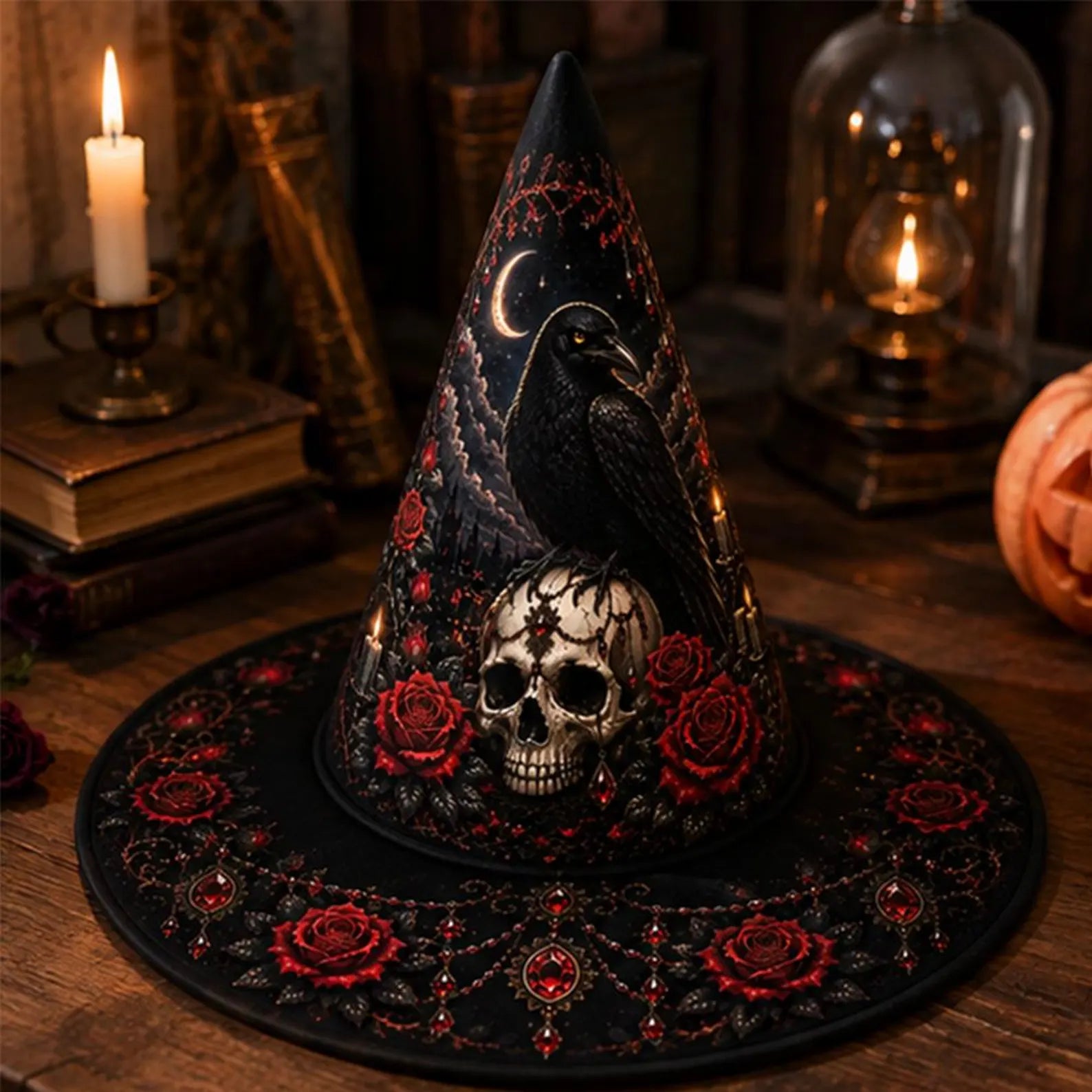 Halloween Quilted Witch Hat Gothic Raven Black Raven Skul Dark Rose Cosplay Hat. QWHPETAL23