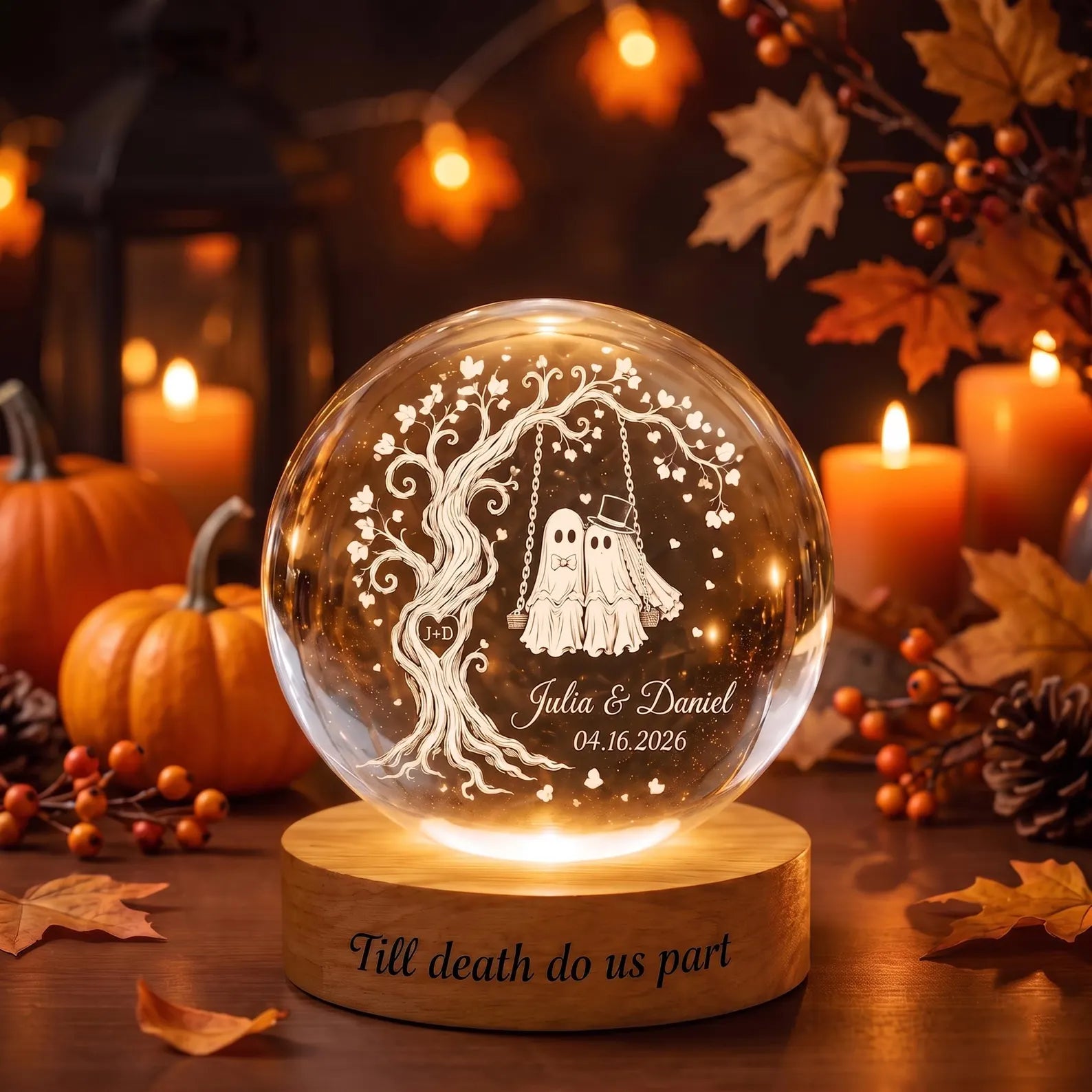 Custom Spooky Ghost Couple Crystal Ball Night Light, Tree of Love LED Night Light, Halloween Wedding Gift for Couple, Halloween Home Decor. LEDPETAL2
