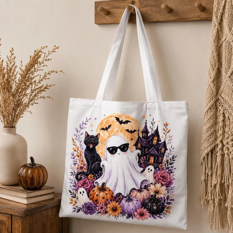 Spooky Summer Tote Bag, Halloween Beach Tote, Ghost Pumpkin Canvas Bag, Colorful Floral Tote, Cute Summer Bag. HLWTBPETAL6