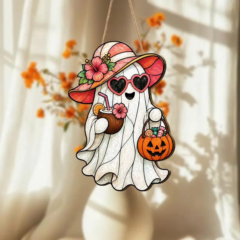 Ghost Welcome Door Hanger, Cute Halloween Ghost Sign, Wooden Halloween Door Sign. Floral Ghost Door Hanger, Wooden Halloween Porch Decor. HLWDHPETAL03