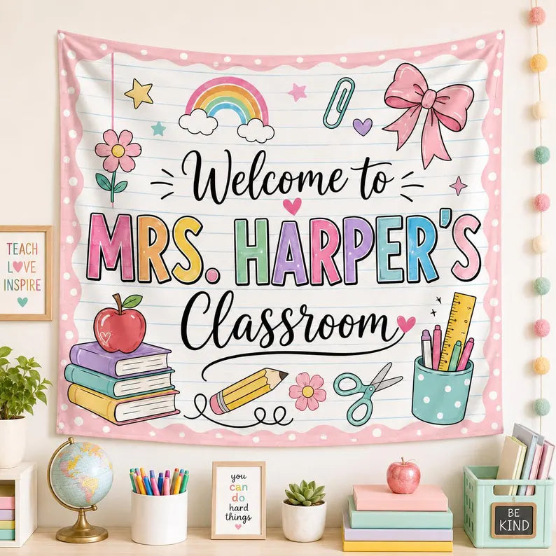 Personalized Teacher Classroom Tapestry, Custom Welcome to Classroom Wall Hanging, Pastel Teacher Decor, Back to School Classroom Banner. CBPETAL03