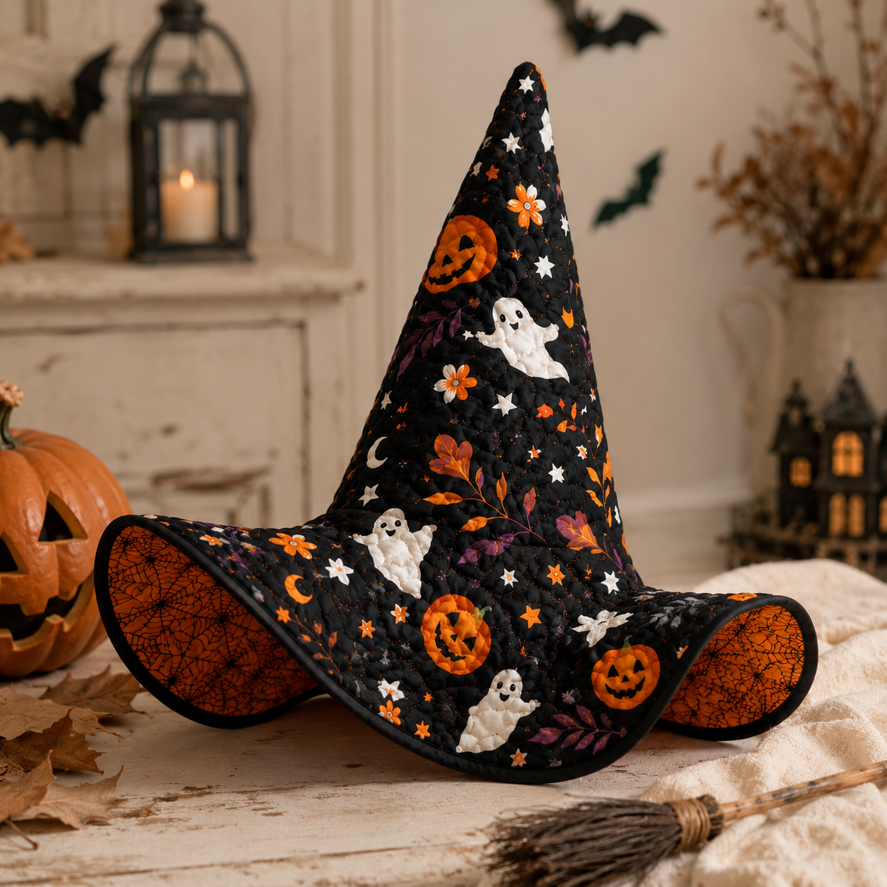 Halloween Quilted Witch Hat for Women – Black Pumpkin Ghost Witch Costume Hat with Orange Spiderweb Lining. QWHPETAL3