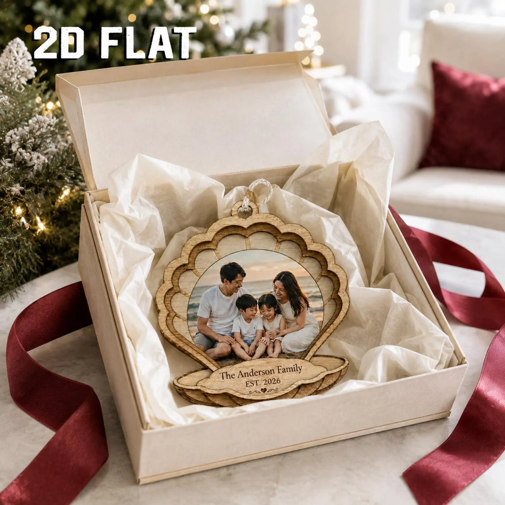 Personalized Photo Christmas 2d Flat Ornament, Custom Family Wooden Ornament 2026, Seashell Photo Keepsake, Family Name Gift 	COPETAL08