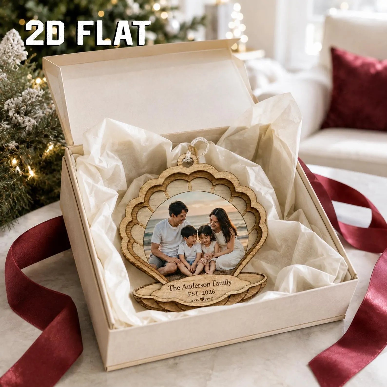 Personalized Photo Christmas 2d Flat Ornament, Custom Family Wooden Ornament 2026, Seashell Photo Keepsake, Family Name Gift 	COPETAL08
