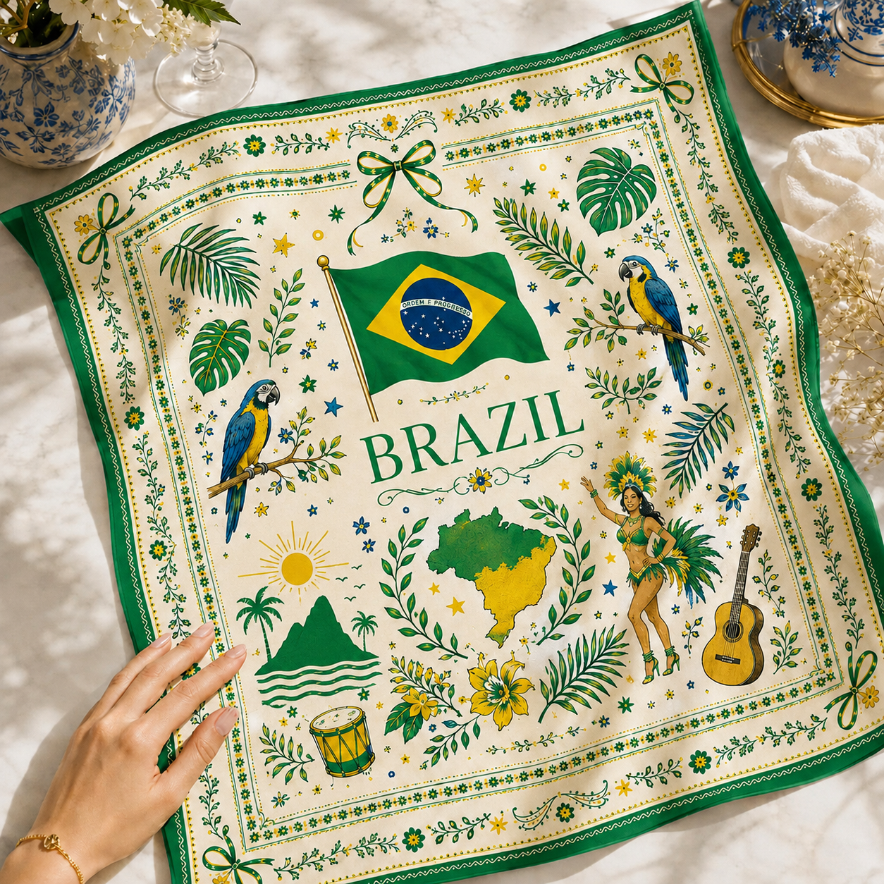 Brazil Satin Head Scarf, Football Fan Hair Scarf for Game Day, Brazil Flag Silk Bandana, Tropical Women Scarf Gift. SSPETAL16