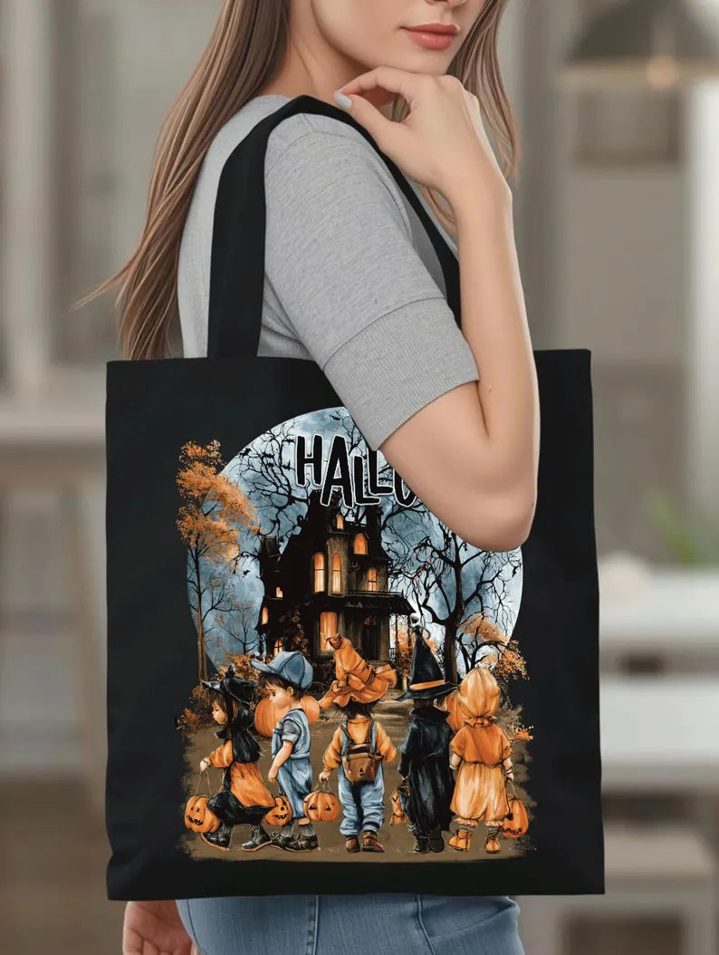 Happy Halloween Tote Bag Cute Vintage Kids Canvas Handbag Retro Haunted House Shoulder Shopping Bag Spooky Full Moon Autumn Fall Gift. HLWTBPETAL12