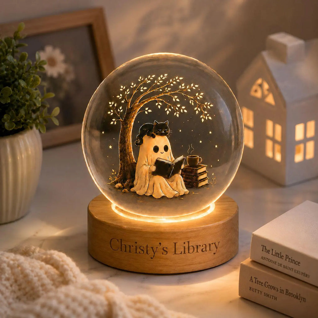 Halloween Ghost Crystal Ball LED Night Light, Cozy Reading Spirit Glass Sphere Lamp, Spooky Book Lover Decor Gift. LEDPETAL1