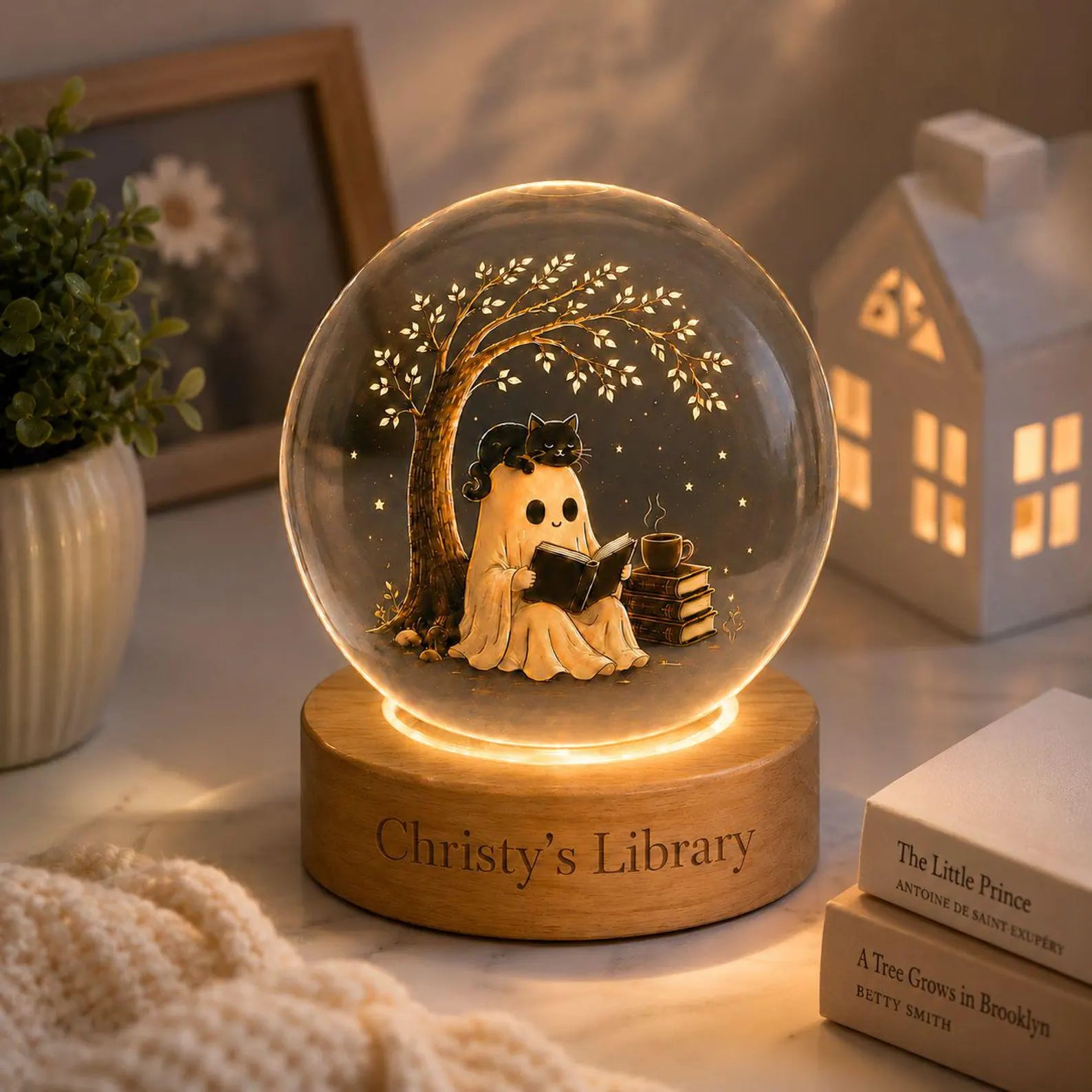 Halloween Ghost Crystal Ball LED Night Light, Cozy Reading Spirit Glass Sphere Lamp, Spooky Book Lover Decor Gift. LEDPETAL1