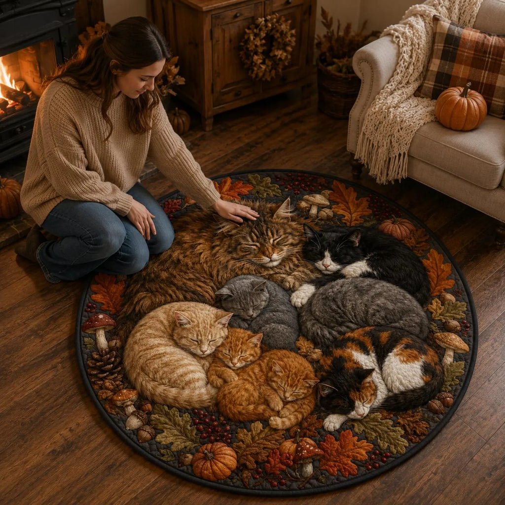 Sleeping Cats Round Rug, Cozy Fall Kitten Area Rug Decor. QRPETAL21