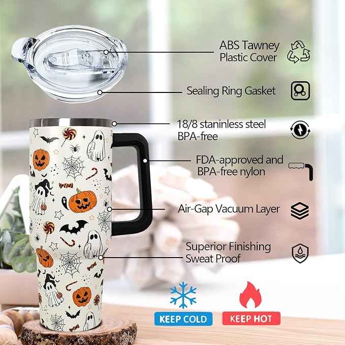 Ceovfoi 40 oz Halloween Pumpkin Tumbler Insulated Stainless Water Bottle Travel Coffee Cup, Water Bottle - Goth Ghost Witch Decor Gift for Women. TBLPETAL13