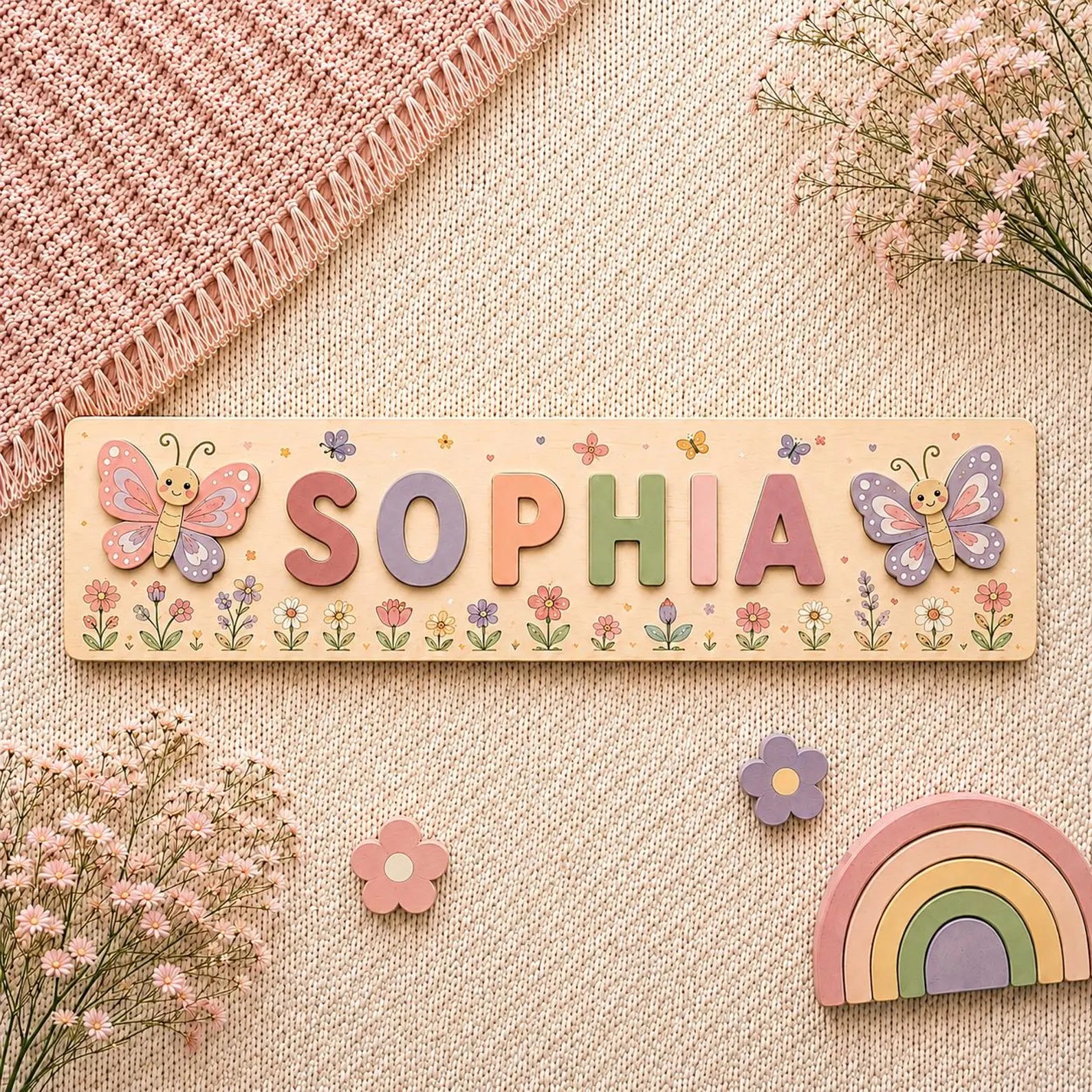Personalized Butterfly Name Puzzle, Custom Floral Busy Board, Montessori Learning Toy, Wooden Toddler Gift, Nursery Decor. NPPETAL11