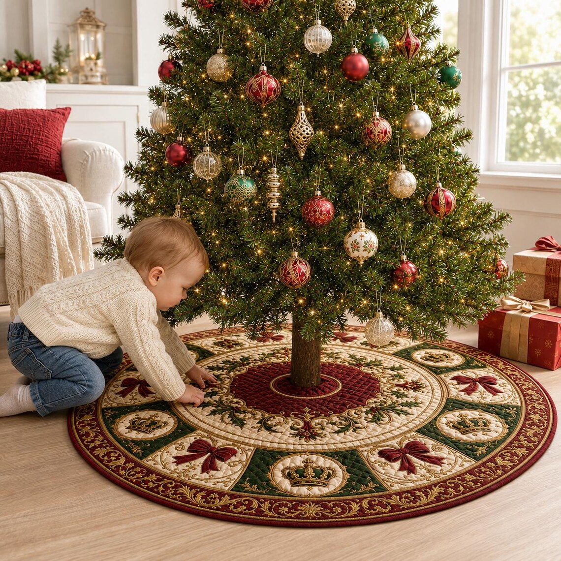 Christmas Tree Skirt, Holiday Tree Decor, Bow and Crown Christmas Decor, Quilted Style Tree Mat. CTSPETAL23