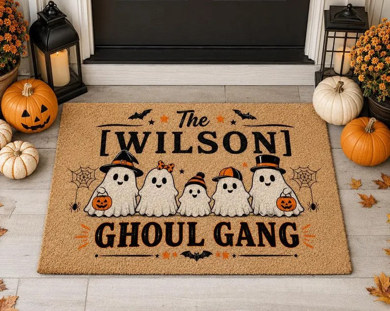 Personalized Halloween Doormat, Ghoul Gang Family Name Mat, Custom Ghost Doormat, Fall Porch Decor, Halloween Welcome Mat Gift. DMPETAL14