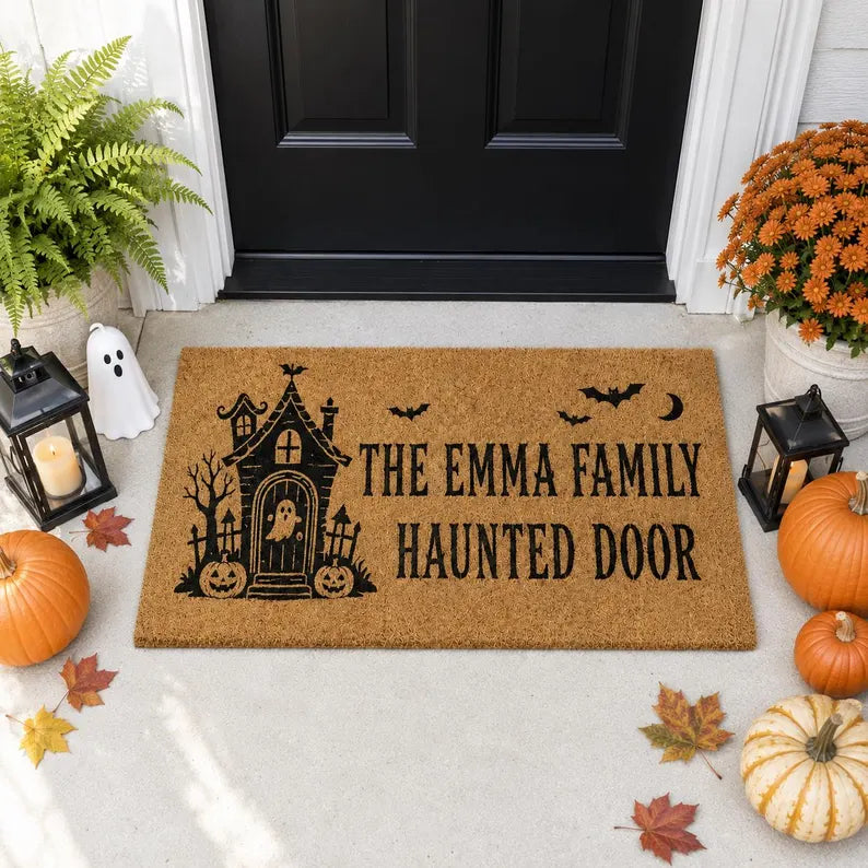 Halloween Doormat Haunted House Front Door Mat with Bats Moon and Pumpkins, Spooky Porch Decor, Gift for Halloween Family Entryway. DMPETAL8