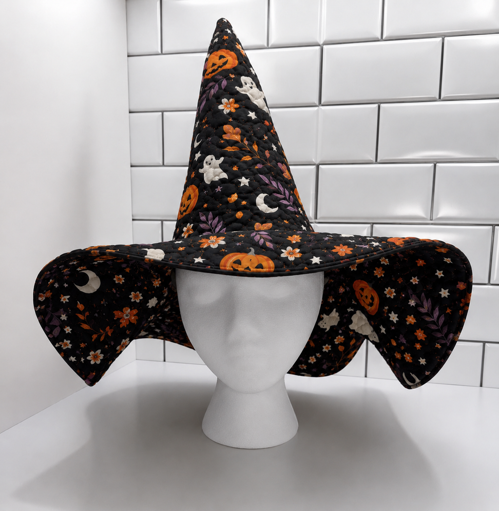 Halloween Quilted Witch Hat for Women – Black Ghost Pumpkin Witch Costume Hat with Soft Padded Quilted Design. QWHPETAL2