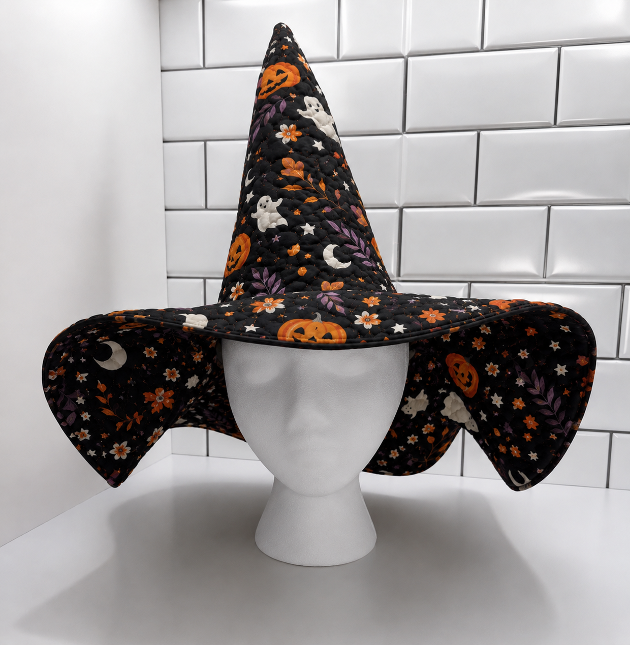 Halloween Quilted Witch Hat for Women – Black Ghost Pumpkin Witch Costume Hat with Soft Padded Quilted Design. QWHPETAL2
