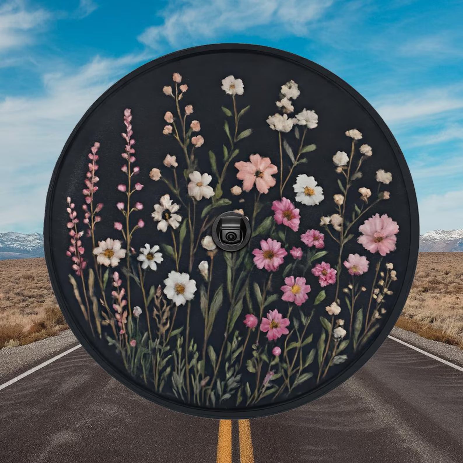Wild Flowers Spare Tire Cover, White Purple Pink Floral Wheel Backup Camera Hole RV. TCPETAL8