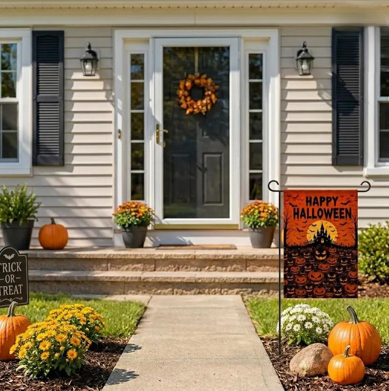 Happy Halloween Garden Flag, Spooky Pumpkin Yard Flag, Haunted House Outdoor Decor, Jack O Lantern Fall Garden Banner, Halloween Porch Decor. HLWGFPETAL10