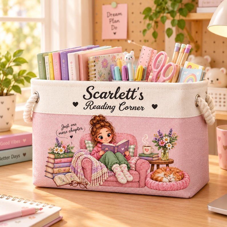 Personalized Book Lover Storage Basket, Custom Reading Corner Basket, Cozy Pets Bookish Caddy, Reader Desk Organizer, Bookworm Gift For Her BBPETAL13