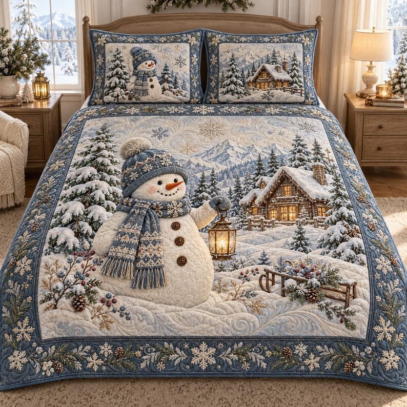 Winter Snowman Cabin Quilted Bedding Set, Snowman Christmas Holiday Bedspread with Pillowcases, Festive Winter Bedroom Decor, Bedding Decor PTBED03
