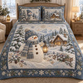 Winter Snowman Cabin Quilted Bedding Set, Snowman Christmas Holiday Bedspread with Pillowcases, Festive Winter Bedroom Decor, Bedding Decor PTBED03