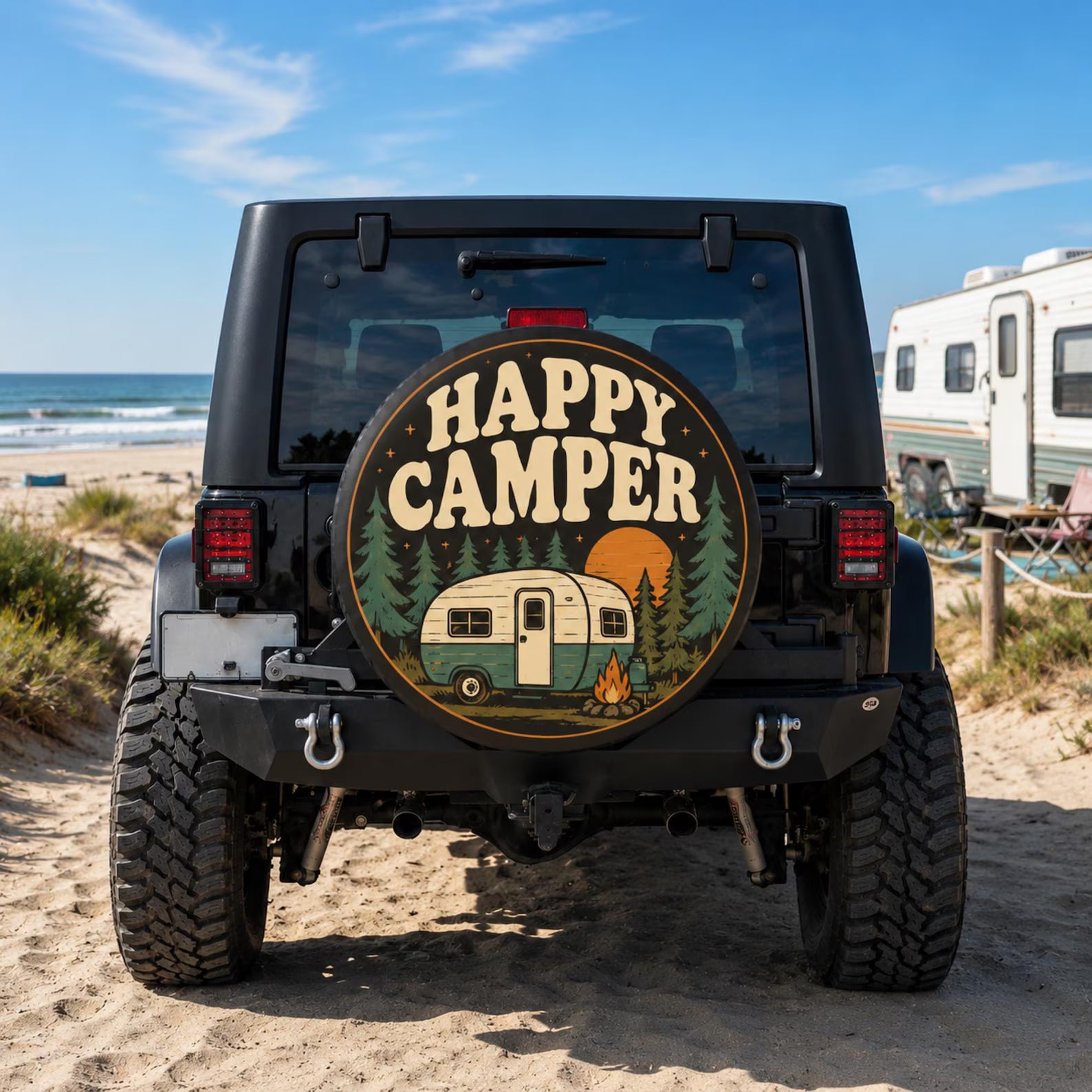 Happy Camper PVC Leather Spare Tire Cover, Fits Jeeps, Trailers, RVs, SUVs, Trucks & More, Vintage Camper Design, Camping Gift for Outdoor Lovers. TCPETAL11