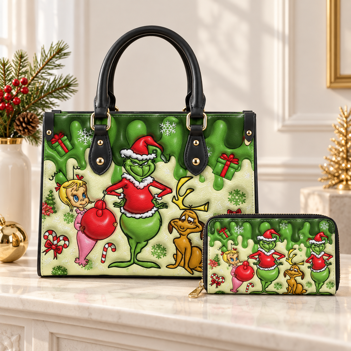 Personalized Grinch Christmas Leather Handbag, Grinch Christmas Leather Tote Bag, Grinch Wallet, Christmas Bag Gift GBAG03