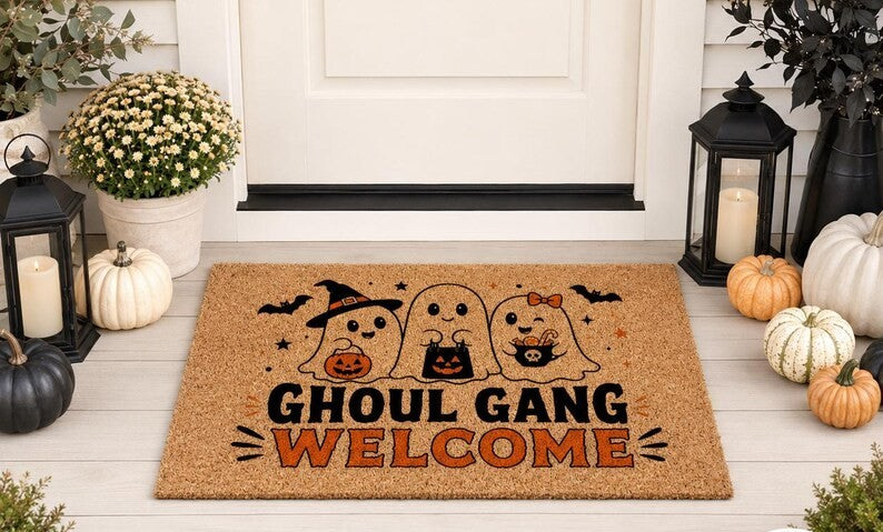 Ghoul Gang Welcome Doormat, Halloween Ghost Coir Mat, Cute Spooky Front Door Mat, Fall Porch Decor. DMPETAL1