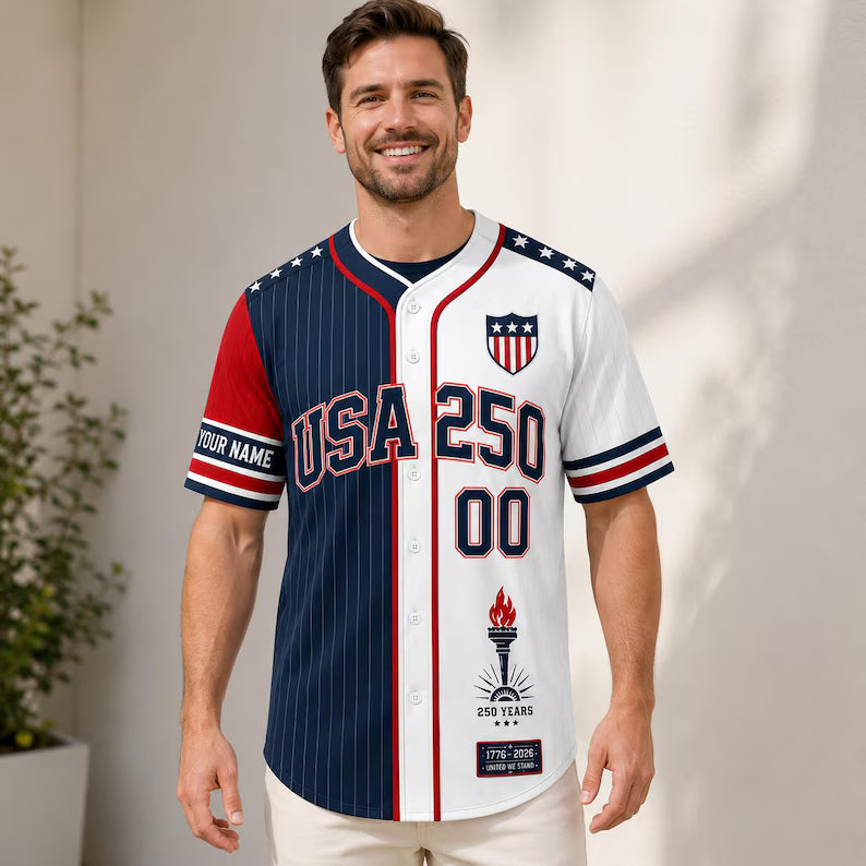 USA 250th Anniversary Baseball Jersey, Custom Couples 4th Of July Shirt, Patriotic Gift for Men. BJPETAL08