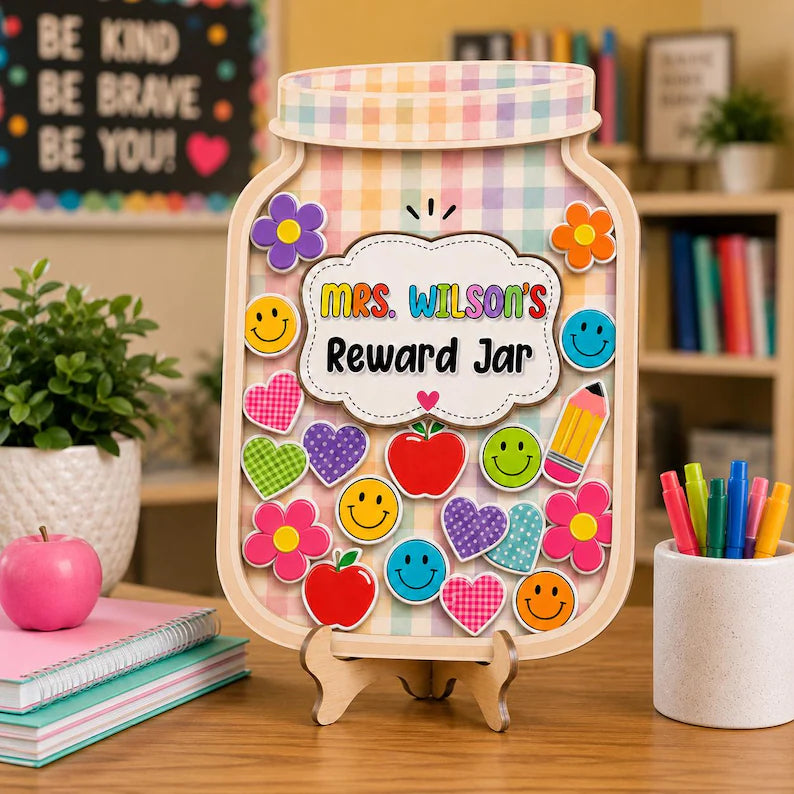 Custom Teacher Reward Jar Personalized Classroom Management Tool Cute Wooden Star Jar. RJPETAL10