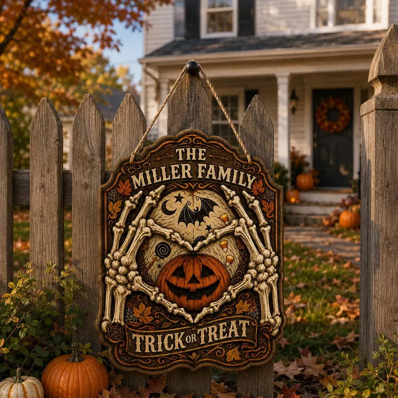 Personalized Halloween Wood Sign, Family Name Trick Or Treat Door Hanger, Skeleton Hands Pumpkin Porch Decor, Fall Fence Sign. HLWDHPETAL04