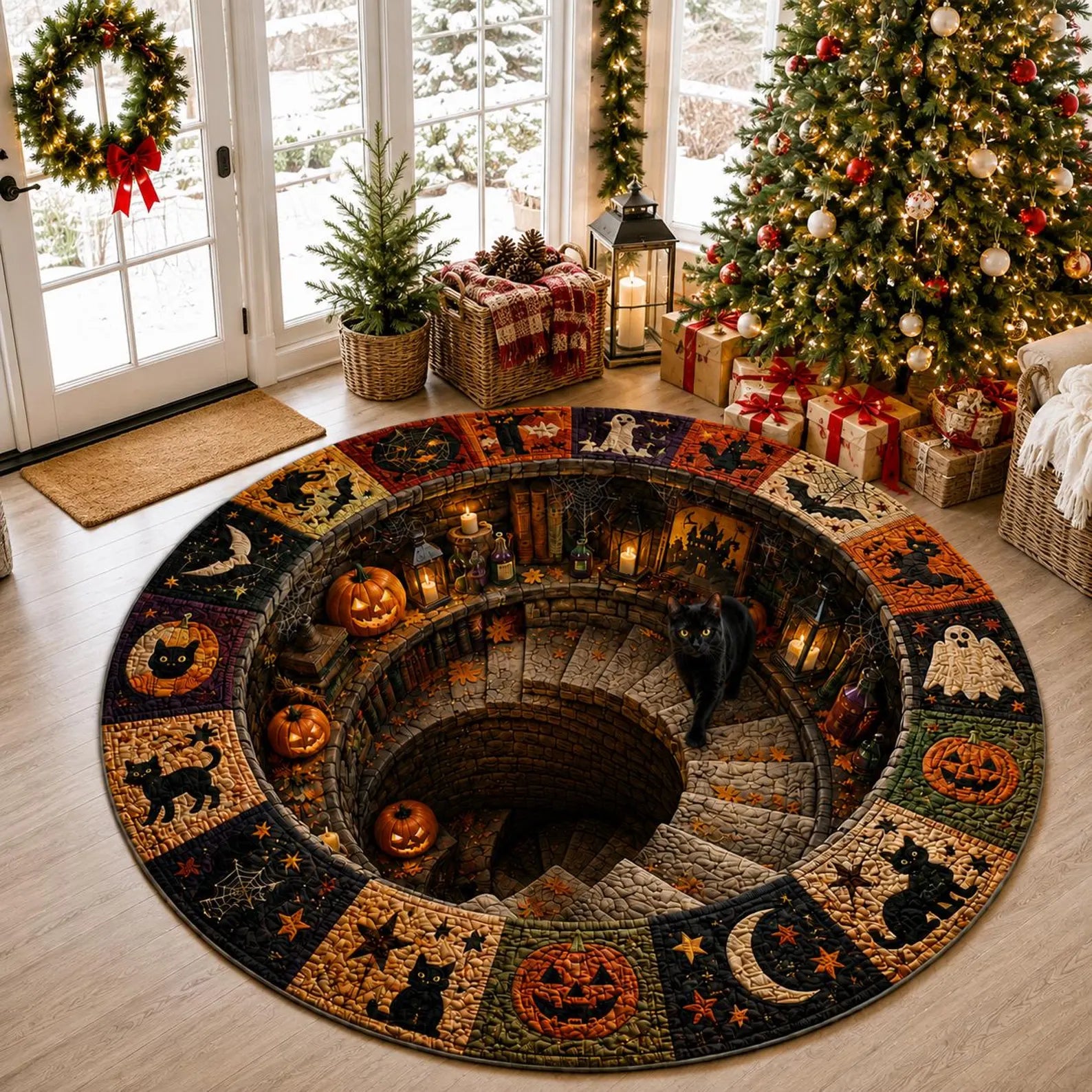 Halloween Black Cat Circle Rug, 3D Vortex Illusion Round Rug, Fall Autumn Leaves Spooky Decor, Witchy Floor Carpet Gift for Halloween. QRPETAL32
