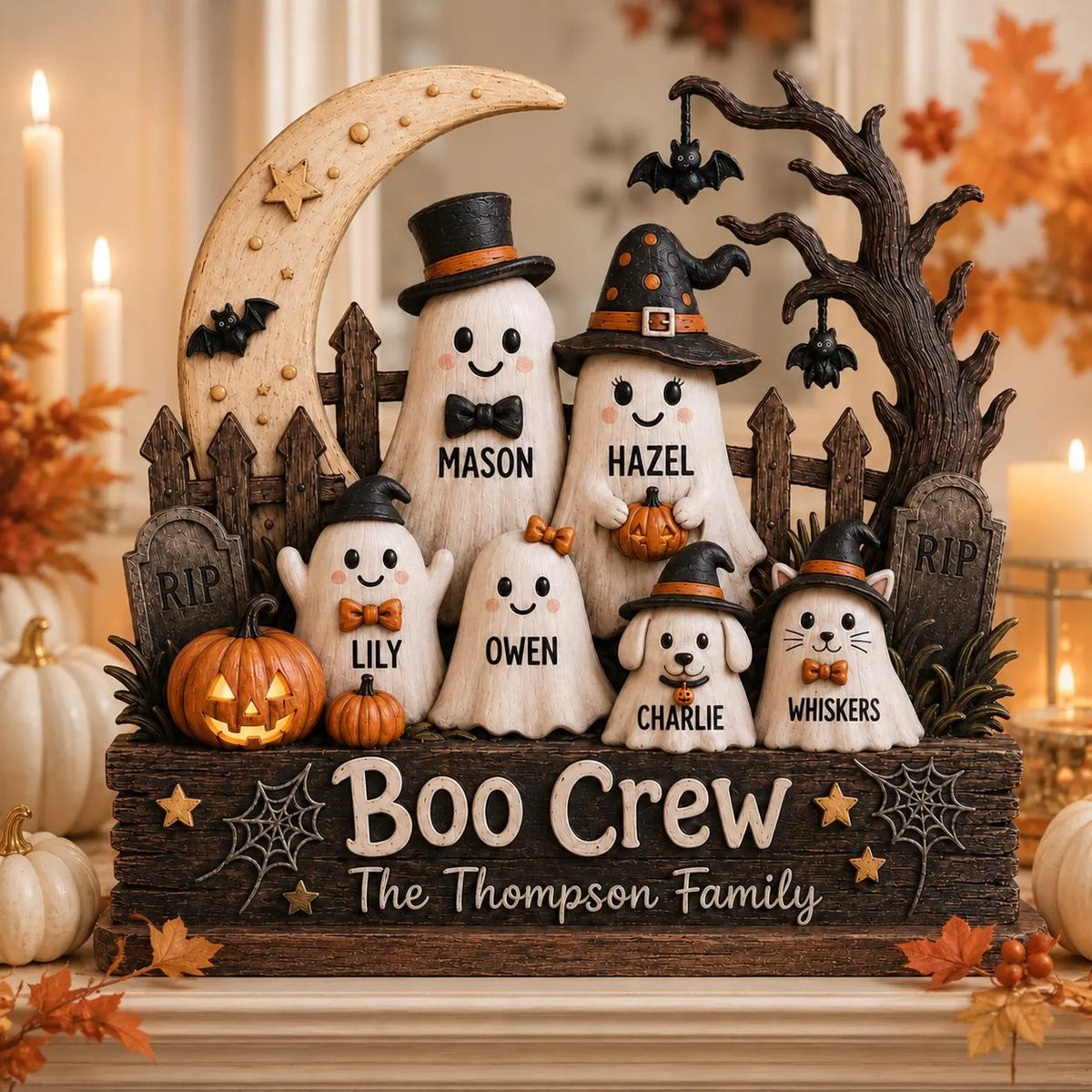 Personalized Halloween Gang Wood Sign, 3D Layered Ghost Family Decor With Custom Names, Crescent Moon Shelf Sitter For Fall Mantel. WBPETAL17